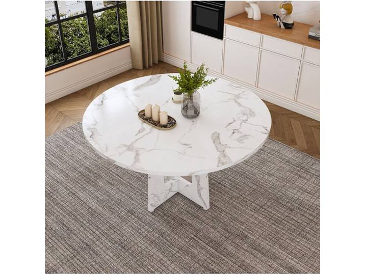 COVREO table a manger ronde 120 cm decor marbre blanc MDF 4 a 6 personnes