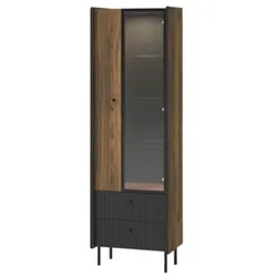 VITRINE Piano mit 2 Türen, 2 Schubladen, mit LED, Mattschwarz + Warmia-Nussbaum