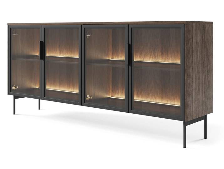 Selsey Lumi - Sideboard 4-türig mit Glasfronten und LED, Eiche Dunin, 181 cm