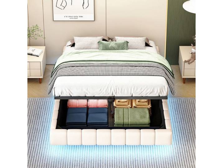 Lit Double Rembourré 140x200 cm avec éClairage LED Lit Double Hydraulique avec Cadre de Lit en Lin Lit 2 Personnes Beige