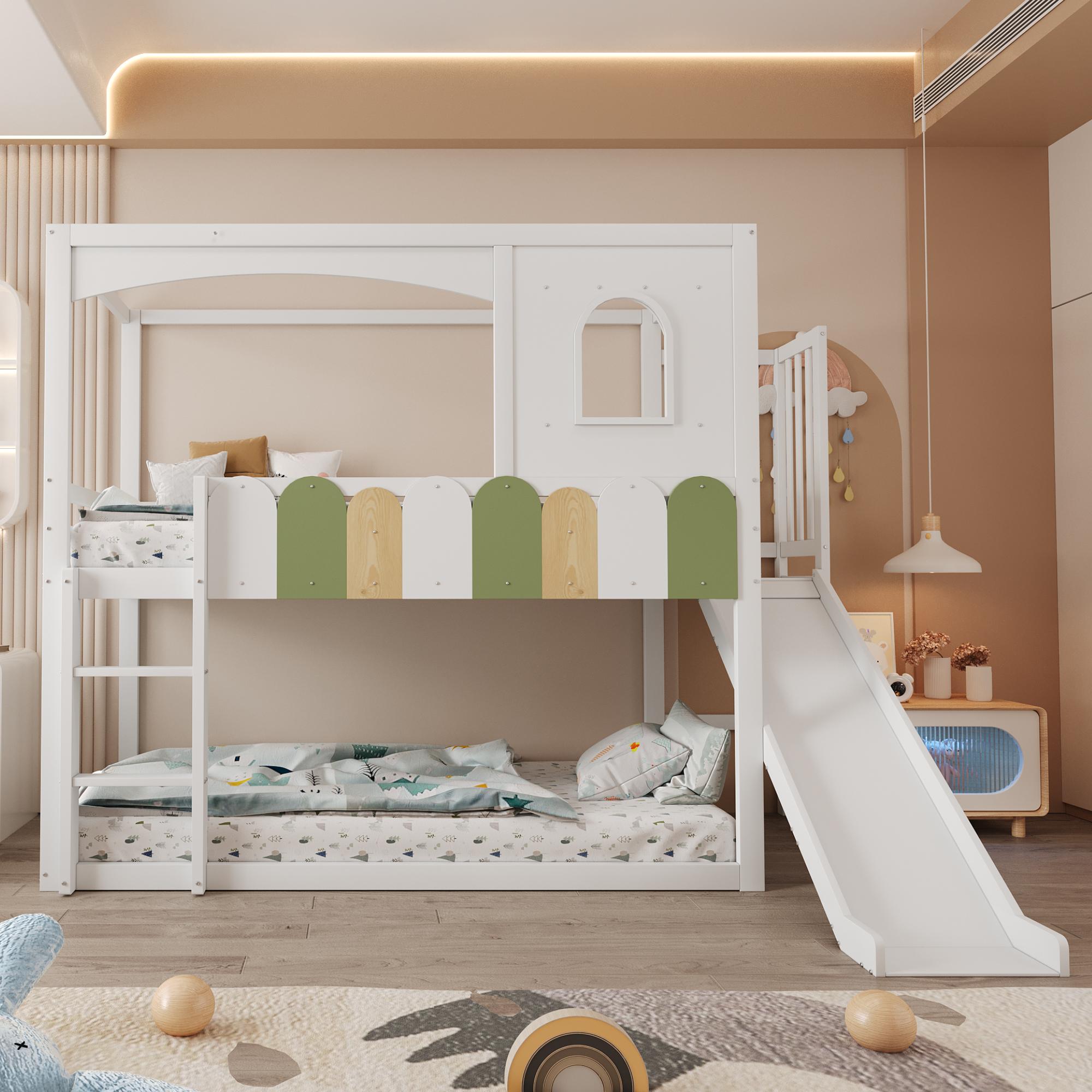 Merax Etagenbett Kinderbett 90x200cm mit Rutsche und Sicherheitsleiter, Hausbett mit Fenstern und farbigem Geländer, Hochbett aus Holz, Weiß