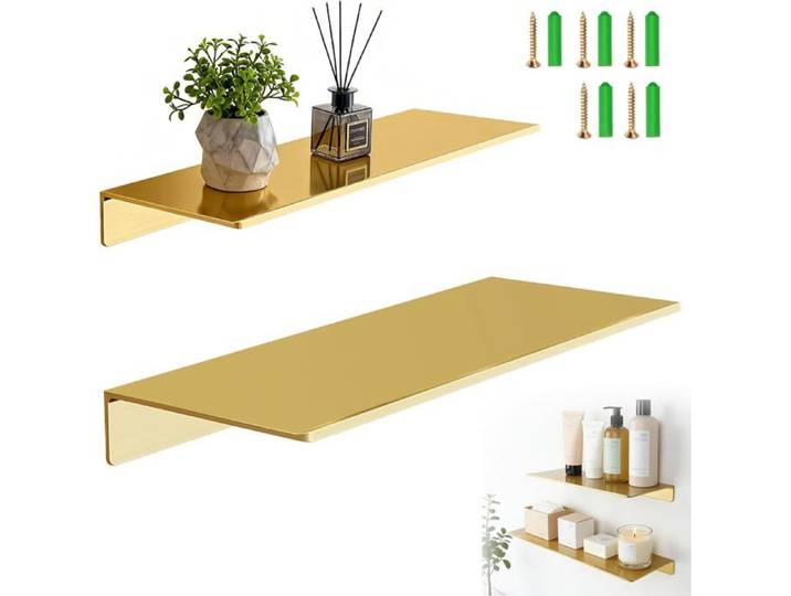 Étagère Murale Doré Étagère Flottante En Métal Lot De 2 Etagere De Salle De Bain 40Cm Et 30Cm Tablette Douche Doree Etagere [BI74]