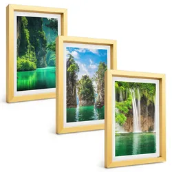 BILDER SET 3er Set - 20x30 cm Goldrahmen - Grüne Landschaften, Wasserfälle