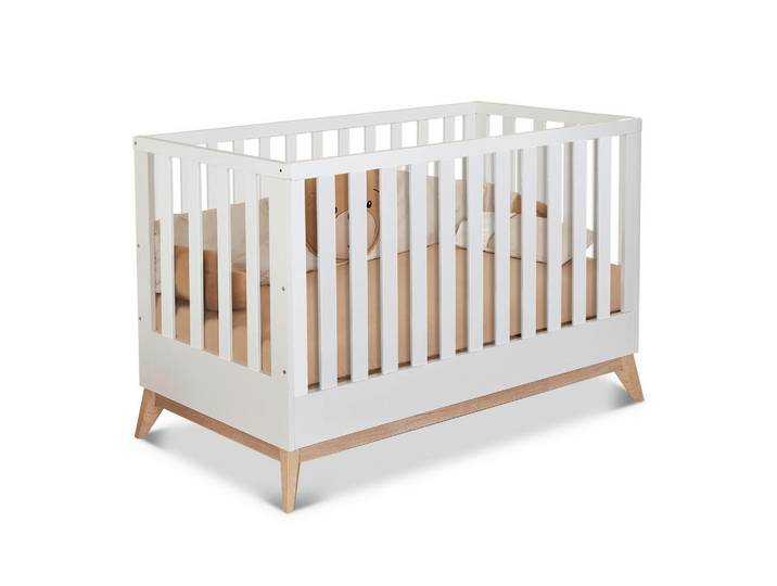 Jimmylee Gitterbett Viggo, Weiß, Eichefarben, 76x94x144 cm, zum Juniorbett umbaubar, höhenverstellbar, Warnhinweise am Produkt, Sprossen mit Normabstand, Aufbauanleitung im Karton, Lattenrost inklusive, Schlupfsprossen, Babymöbel & Kindermöbel, Babyzimmer, Babybetten, Gitterbetten