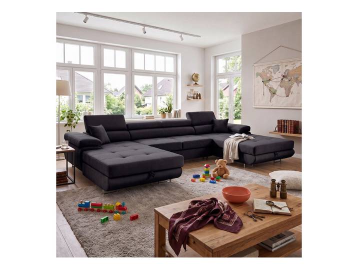 Muffo Ecksofa ALONZO U, Hohe Metallbeine, Symmetrische Möbel, mit verstellbaren Kopfstützen, Liegefläche 125x280