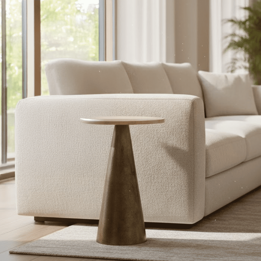 Macci Large Antique Brass Round Side Table with Travertine Top