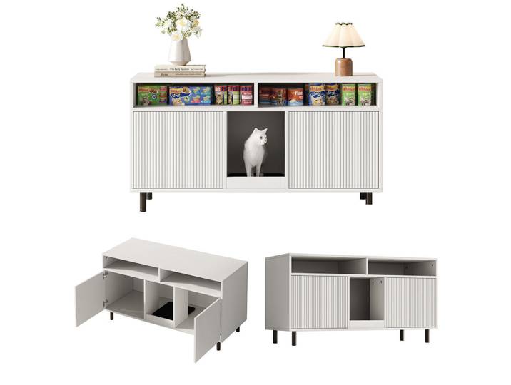 Evryae Sideboard mit Doppel Tür und Streu Fangmatten,mit Rippenstruktur, Weiß, Rechteckig,Rechteckig, Rundrohr, 120x66x50 cm, Kleinmöbel, Kommoden, Sideboards