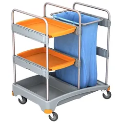 CleanSV® Reinigung®swagen Abfallwagen mit 2 Ablagen aus PE, 3 Ablagen, 57,5 cm x 64cm x 112 cm