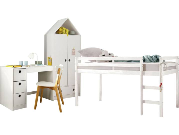 Jugendzimmer-Set GOODPRODUCT Alpi , weiss (weiß), Schlafzimmermöbel-Sets, Jugendzimmer-Set, Hochbett, Schreibtisch und Kleiderschrank in Hausoptik, platzsparend