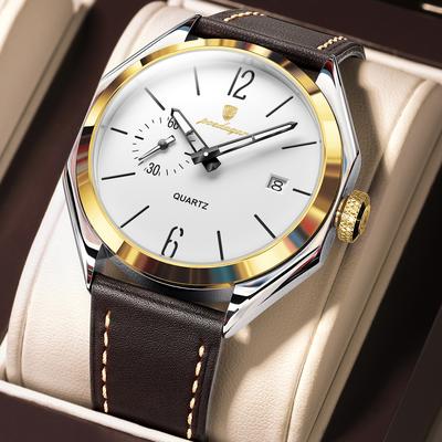Modern Mode Marketplace Classic Leather Mens Quartz Watch Business Waterproof Sport Timepiece gold White