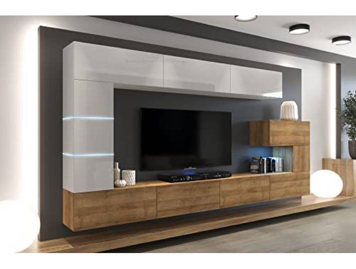Furnitech Wohnwand Wohnzimmer - Möbel mit LED Blau - Hängend Wohnwand Modern - Schrankwand mit Regale und TV Schrank (AN89NEW-21WDZ-HGM22)