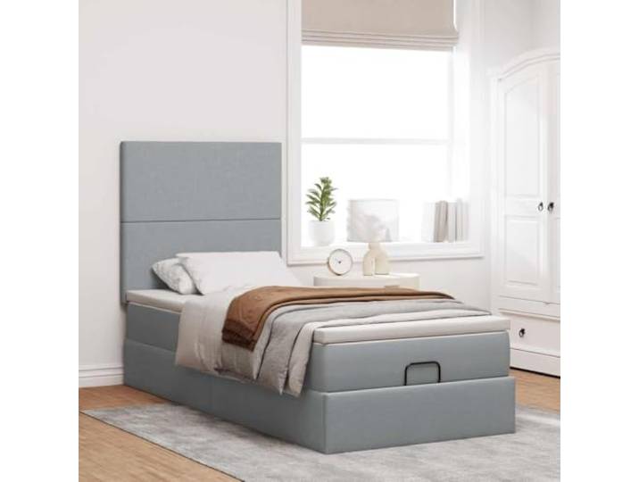KTHLBRH Pouf Bett mit Matratze Hellgrau 100 x 200 cm Mit Stauraum, Taschenfedern, Polyestergewebe, Kopfteil im Lieferumfang enthalten