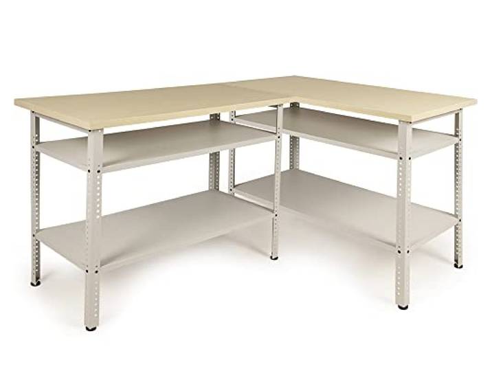 Ondis24 Ecklösung Werkbank Nobbi Pro Packtisch aus Metall, mit Arbeitsplatte, höhenverstellbare Einlegeböden, Justierfüße, Werktisch für Sparfüchse lichtgrau (95cm)