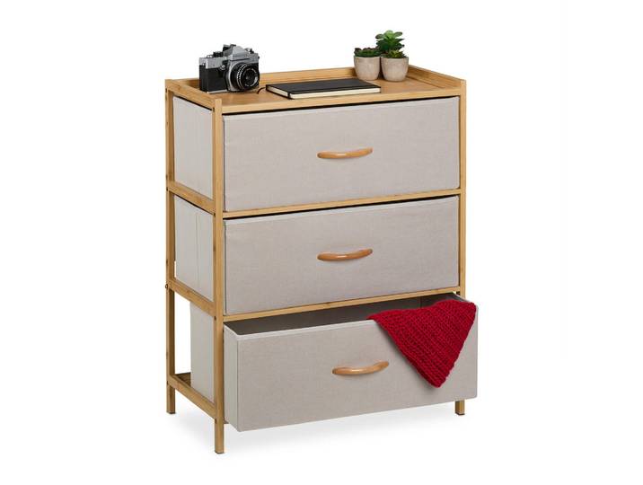 Relaxdays Kommode Beige Bambus 3 Schubladen 73x57,5x30 cm, Mehrfarbig, Holz, 57.5x73x30 cm, Kleinmöbel, Kommoden, Kommoden