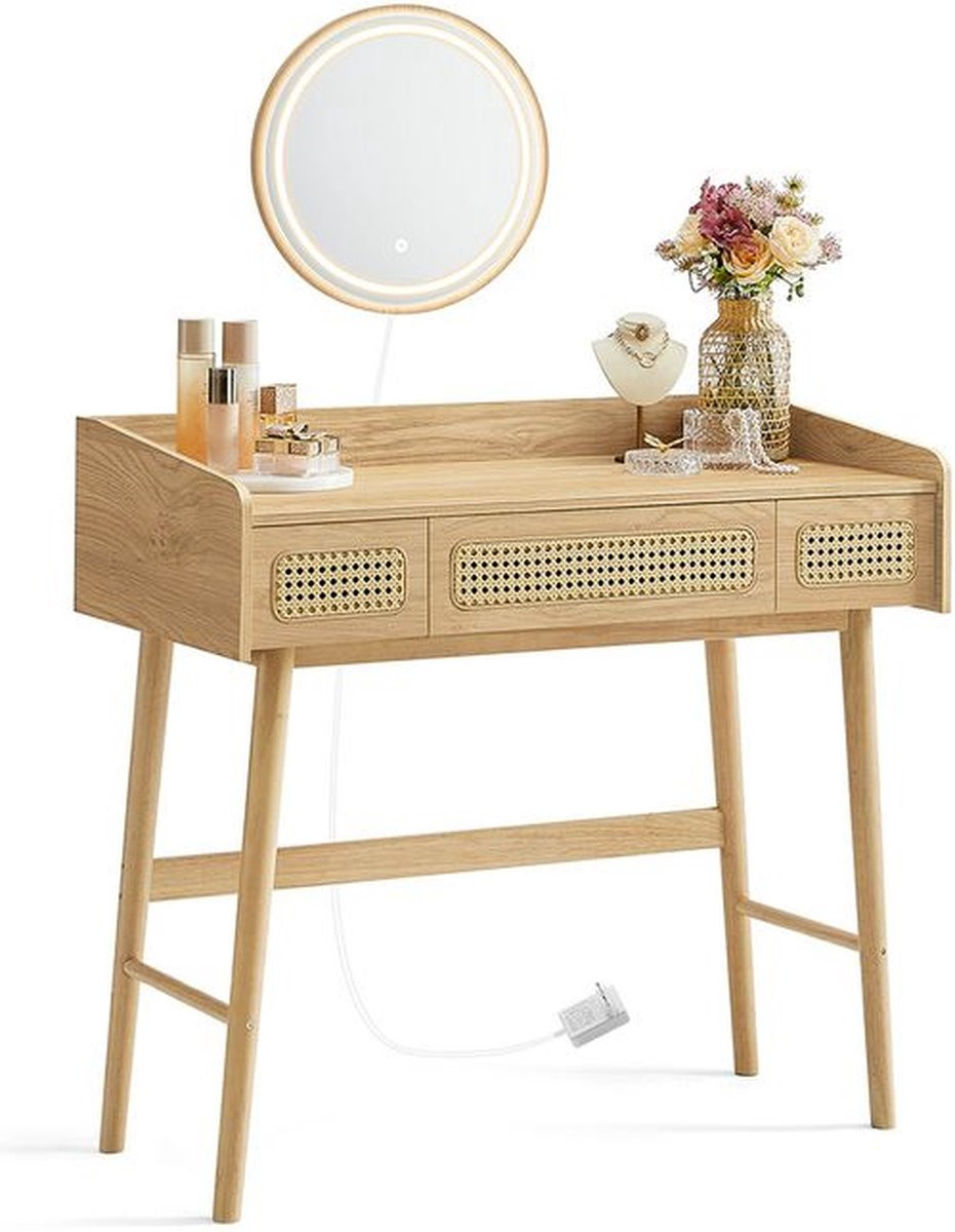 Dijon Kaptafel met kruk en verlichting - Beige eiken en crèmewit