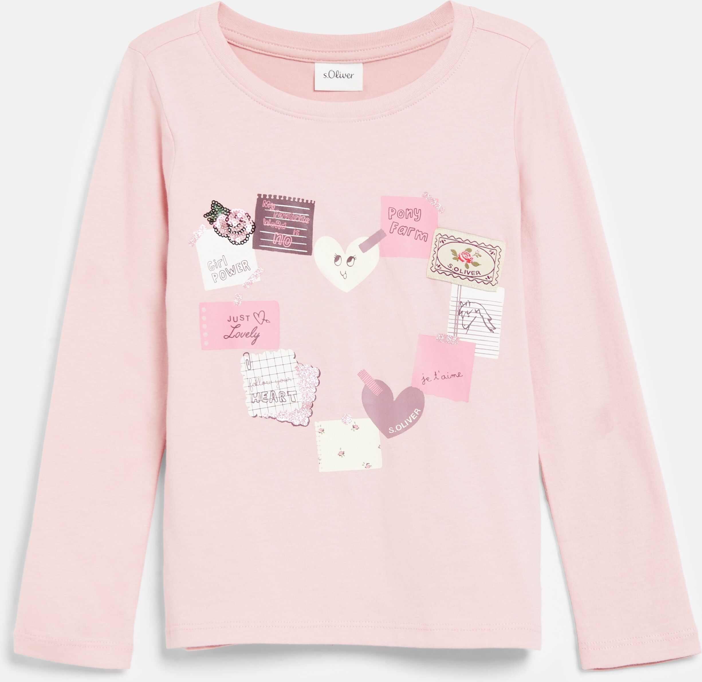 Langarmshirt S.OLIVER JUNIOR, Mädchen, Gr. 140, rosa (light rose), Jersey, Obermaterial: 100% Baumwolle, bedruckt, normal hüftbedeckend, Rundhals, abgesteppte Kante, Shirts Langarmshirt, mit Glitzer-Prints / Rundhals / für Girls light rose 140