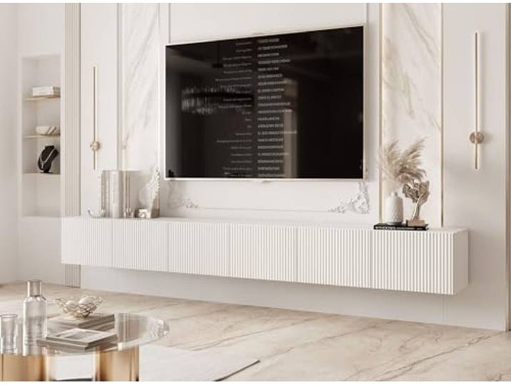 IDOHOME TV Lowboard hängend mit LED und 6 Fächern 300 cm Weiß Matt 300 x 40 x 36 cm, Laminierte Platte, Mehr Stauraum, Push to Open, TV Zubehör, LED Beleuchtung