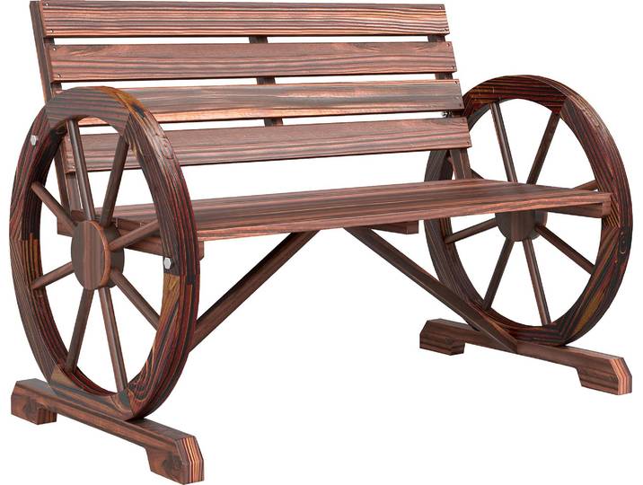 Outsunny Banc de Jardin banc 3 places banc en bois Style Rustique Chic accoudoirs Roues Charette Bois Sapin traitšŠ carbonisation