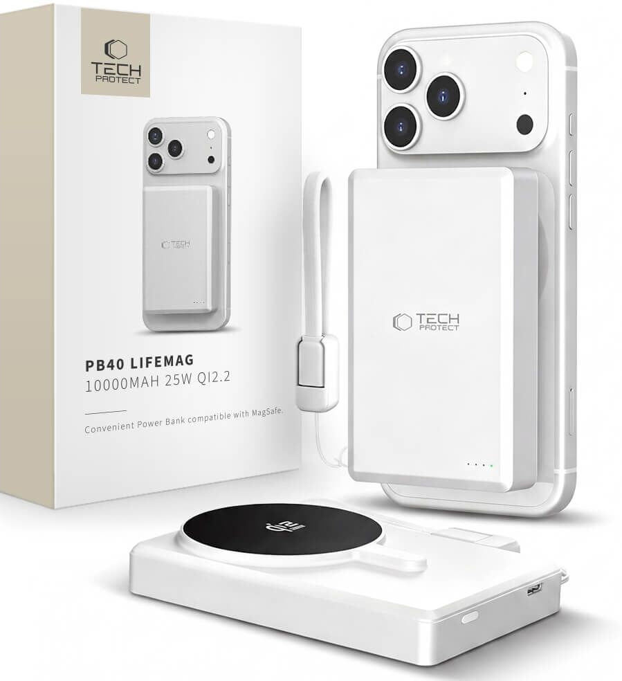 Tech-Protect PB40 LifeMag PowerBank m. 25W & 10.000mAh - MagSafe / Qi2 Kompatibel - Hvid