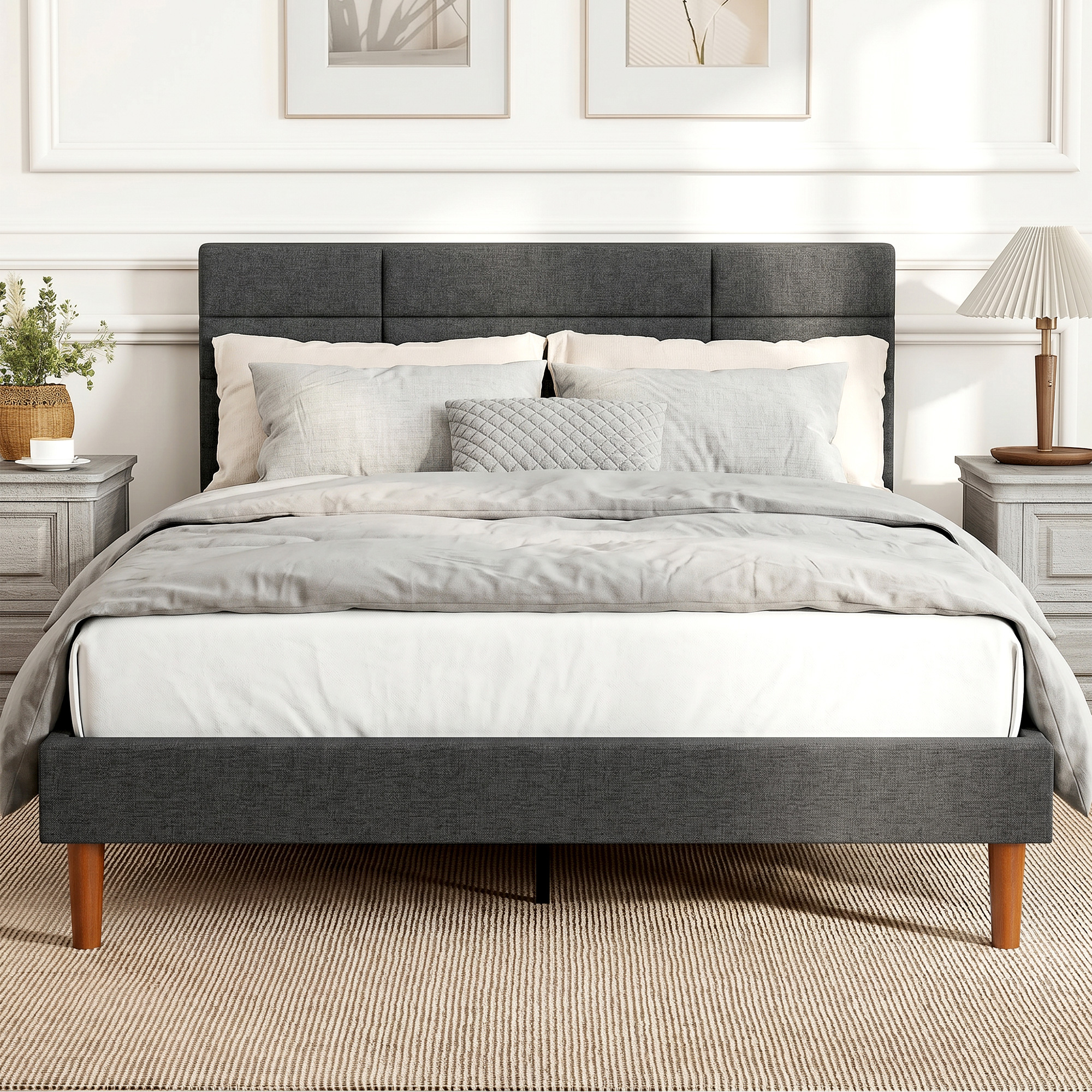 Homcom Letto 140x200 cm con testiera imbottia a griglia e contenitore, Grigio   Aosom Italy