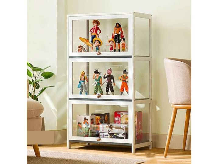 JSWHYBD Curio-vitrine Mit Acrylglastür, 1-5-stufige Vitrine, Vitrinen Aus Natürlichem Bambus Für Sammlerstücke, Aufbewahrungsschrank Mit Hoher Kapazität Und Aufklappbarer Tür, Starke Tragfähigkeit