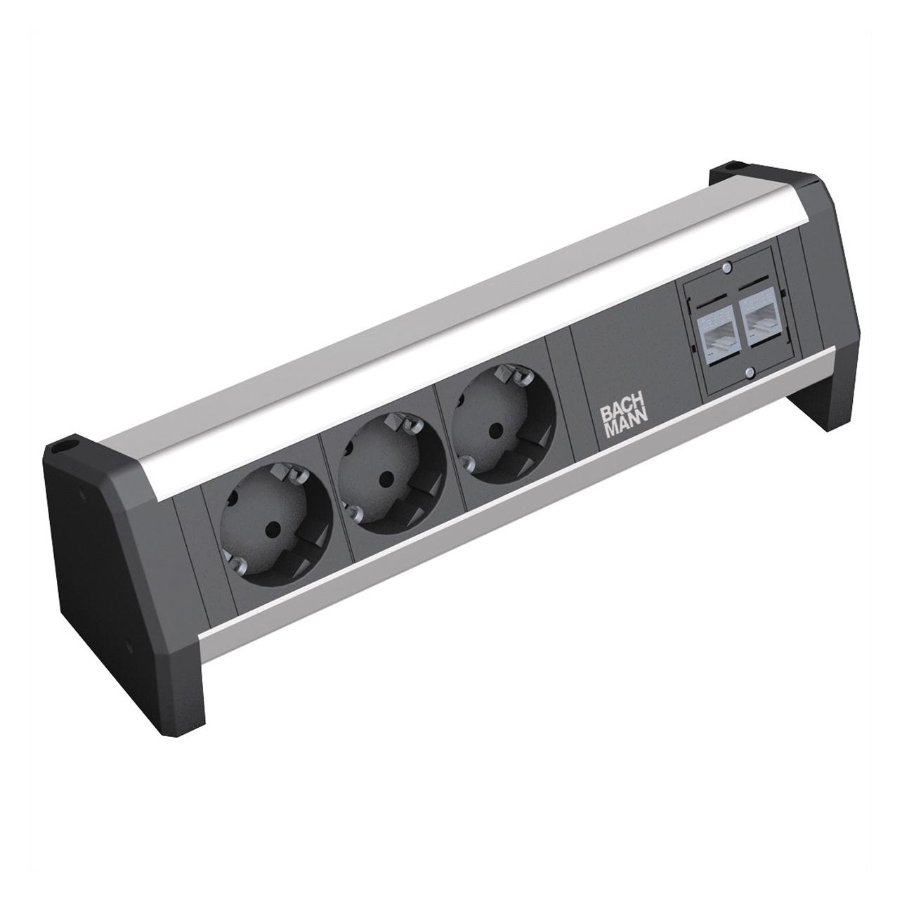 Bachmann Tisch-Steckdosenleiste 3 Schutzkontaktsteckdosen schwarz. 2 CAT5e RJ45 Buchse/BuchseStromeingang: GS (3x, CEE 7/3) (339.1004)