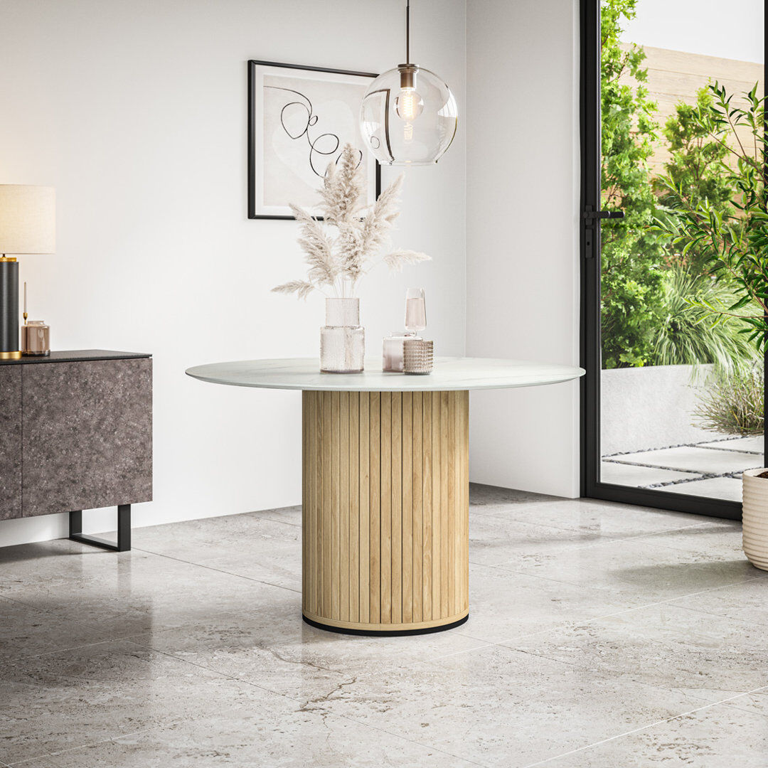 Brayden Studio Arlo 120cm Round White Marble Dining Table White Marble/Oak