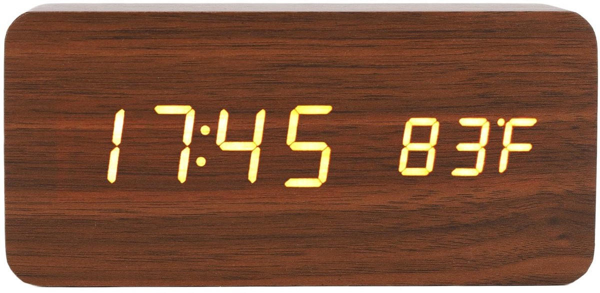Aladdien Houten Digitale Wekker - LED Breedbeeld Klok met Temperatuur en Vochtigheid - Bruin