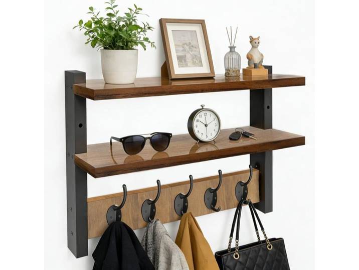 Wooden Wall Coat Rack 2 Shelves 5 Hooks Wall Hook