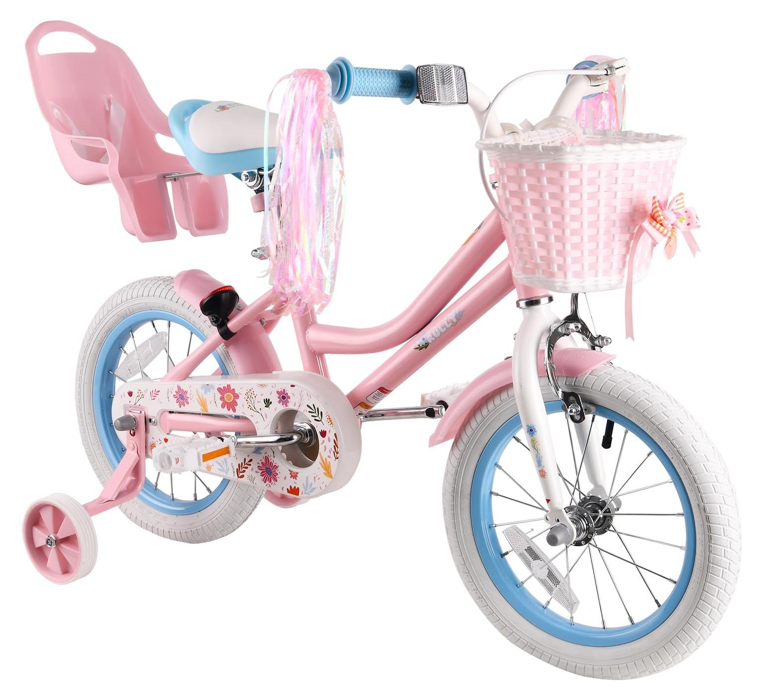 Kinderfahrrad 14 Zoll Daisy mit Stützrädern und Korb, Rosa