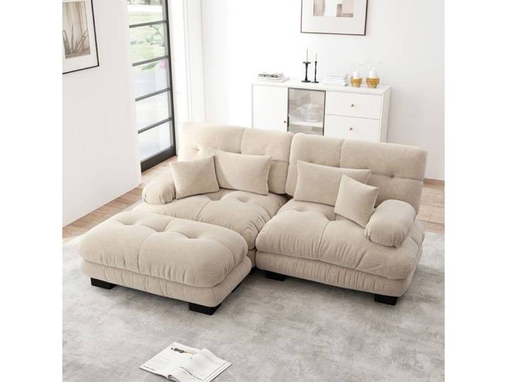 Luscriate - Canapé d'angle modulable - Comprend 2 coussins lombaires et 2 coussins décoratifs - Canapé de salon avec pouf - Beige
