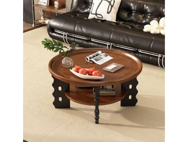 HLDJYLZS Runder Massivholz-Couchtisch, Französischer Vintage-Stil Massivholz-Konstruktion, rundes Design, französischer Vintage-Stil, Retro-Möbel, Couchtisch für kleine Räume, Wohnzimmer