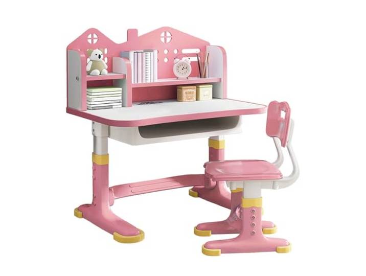 ehozirta Funktionales Schreibtischstuhl-Set für Kinder, Schreibtisch und Stuhl-Set, höhenverstellbar, Kinderschreibtisch mit Schloss-Rückwand, verbreiterter Schreibtisch, Bücherständer und