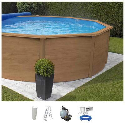 Rundpool KWAD "Wood Design, inkl. Sicherheitsleiter und Zubehör", braun, H:132cm Ø:360cm, Schwimmbecken, Rundpool, 5-tlg., H: 132 cm, sandfarbene Innenfolie