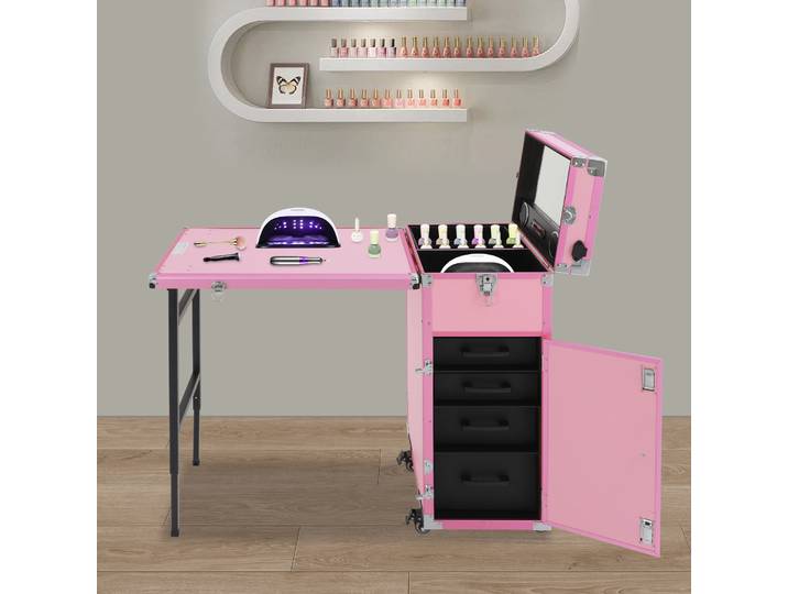 Table de manucure rose moderne sur roulettes, chariot de rangement cosmétique à 4 tiroirs avec roues à frein, capacité de charge de 50 kg