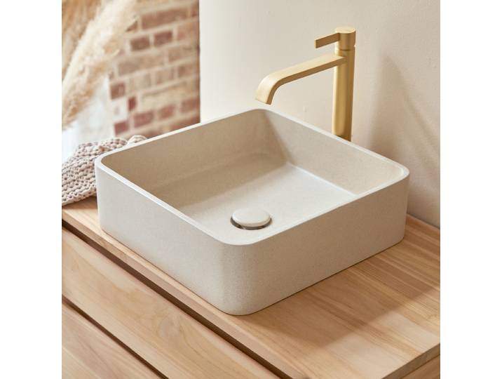 Quadratisches Waschbecken aus cremefarbenem Terrazzo b. 39 cm - Beige - Terrazzo