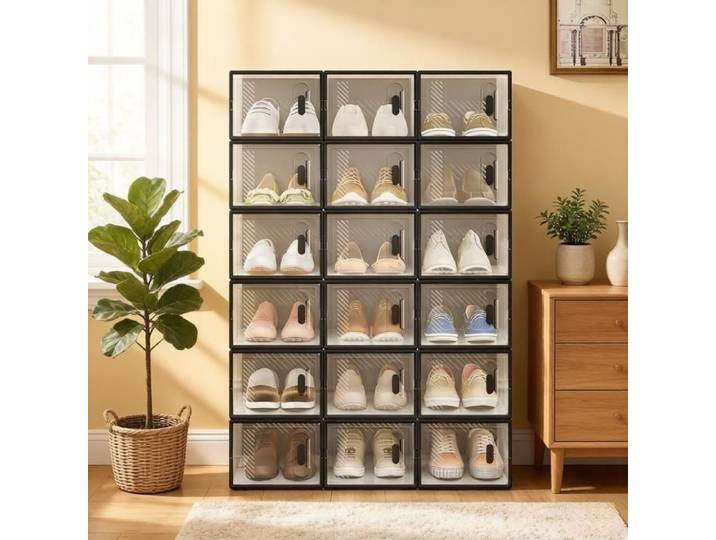 Meuble à chaussures - ZEVKOR - 18 Boîtes empilables - Portes avant transparentes - Gain de place - Plastique noir