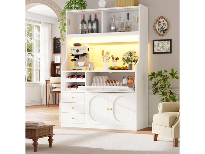 ULEVR Buffet de cuisine haut 120 cm blanc en MDF et métal LED RGB portes coulissantes en verre 3 tiroirs