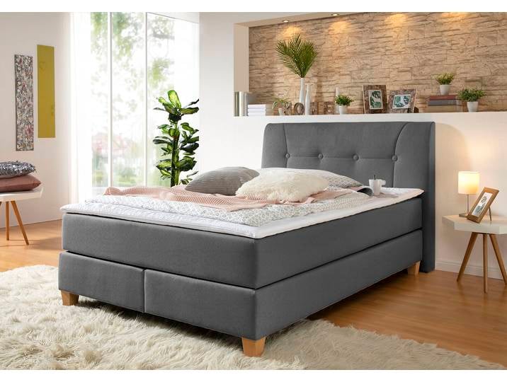 Boxspringbett, 128x218 cm, Struktur (100% Polyester), Grau, Inkl. Topper, Klassisch, Home-affaire
