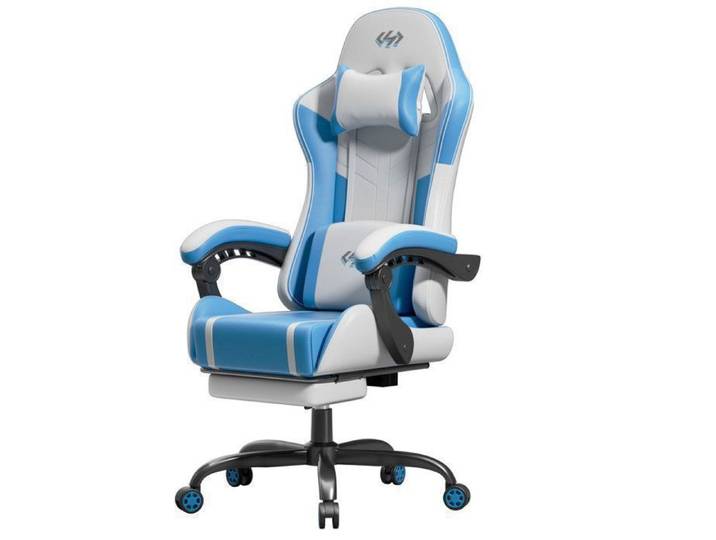 Chaise de Bureau Chaise Ergonomique Coussin Lombaire Massant Dossier Réglable-Appuie-Tête-Soutien Lombaire-Repose-Pieds Bleu