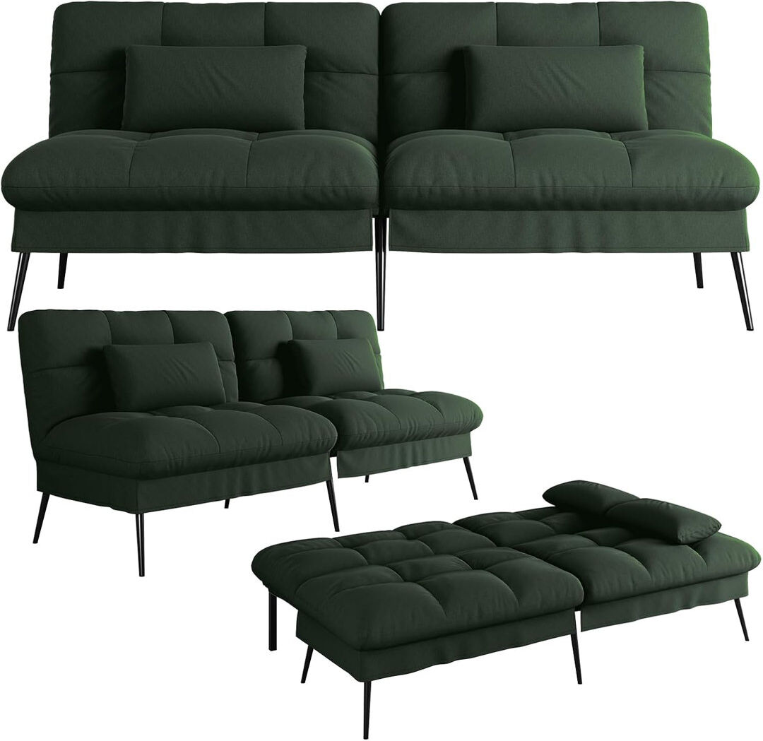 Corrigan Studio Richas Convertible Futon Sofa Bed, 68″Fabric Futon Couch with Adjustable Backrest, Loveseat Futon Sleeper Recliner for Living Room Furniture Green 74cm H X 182cm W X 102cm D