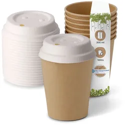 BIOZOYG 1000 Stück Kaffeebecher mit passenden Pappdeckeln 200ml / 8oz Einwegbecher Pappbecher Kaffeetassen ungebleicht kompostierbar nachhaltig
