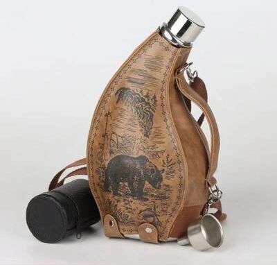 Inspire Select Western Cowboy Horn Hip Flask Set Stainless Steel Flagon With Leather Case & Funnel with Funnel