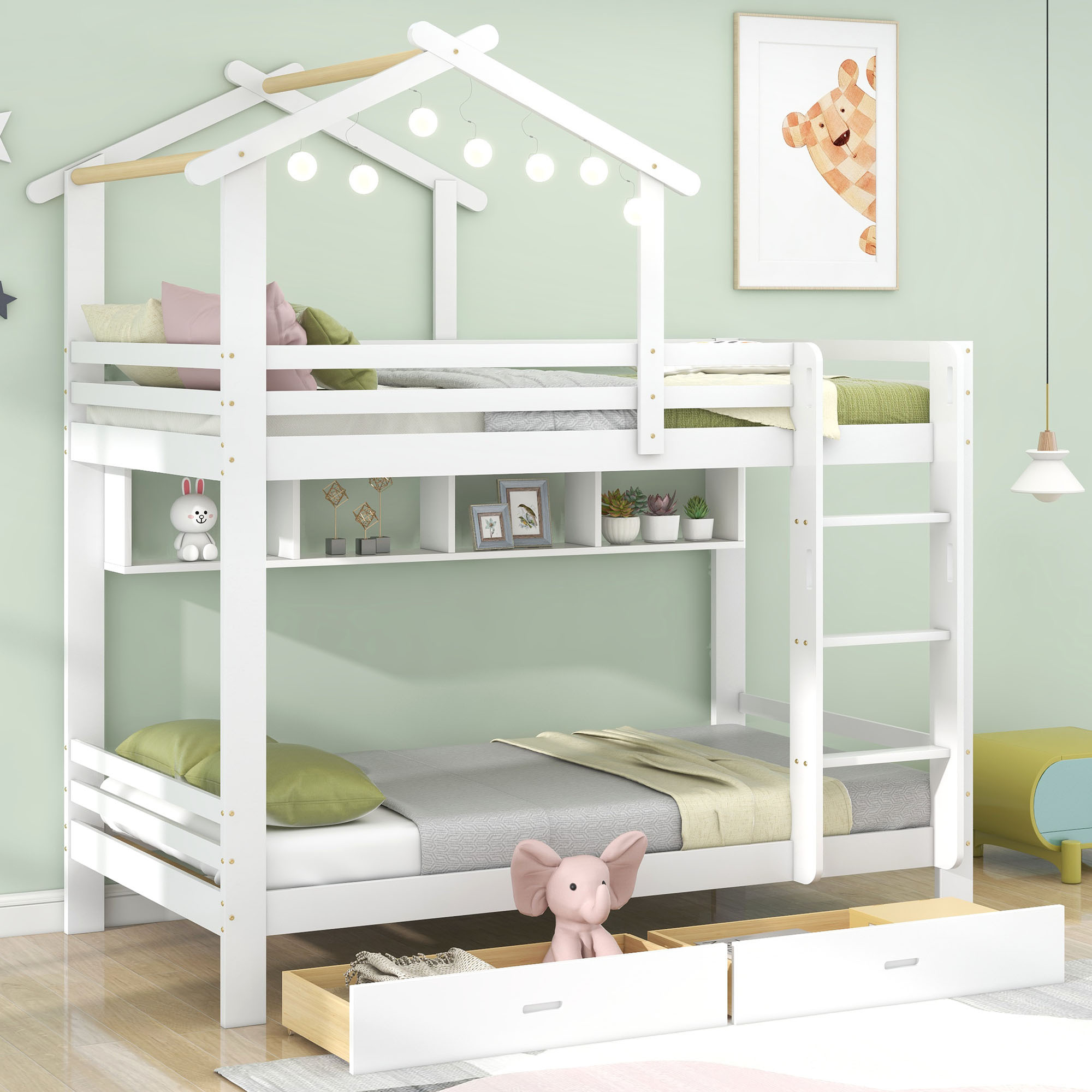 Fortuna Lai Kinderbett 90x200cm Etagenbett mit Schubladen und Regalen, Leiter, Fallschutz und Stauraum, Hochbett Hausbett aus Kieferholz, Weiß