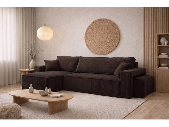 Kaiser Möbel Ecksofa mit Schlaffunktion und Pouf, Cordstoff Poso, Braun, Links, BEST L mit Pouf