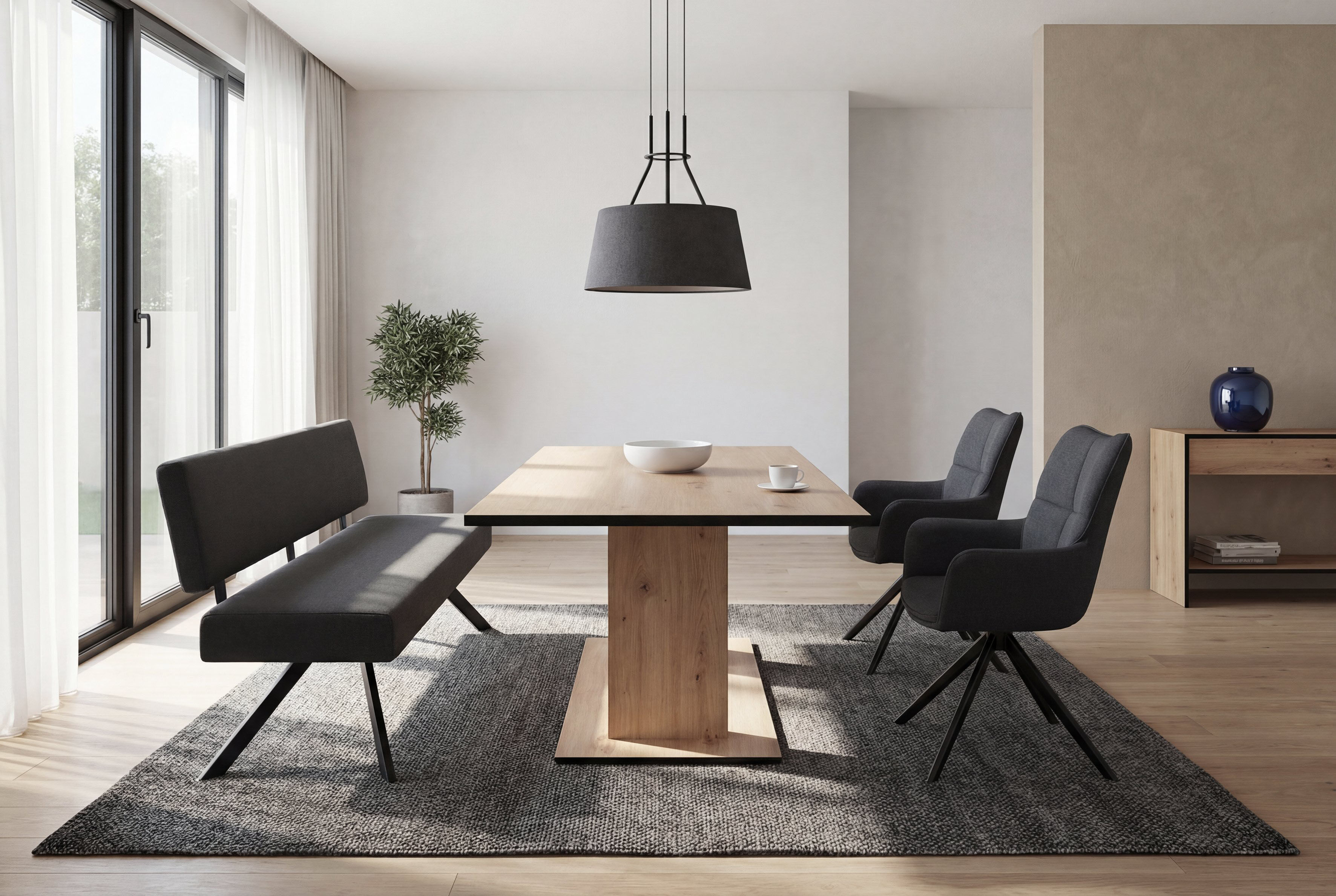 Sitzbank BYLIVING "TORONTO", grau (dunkelgrau, schwarz), B:138cm H:83cm T:60cm, Stahl, Stoff, Sitzbänke, Sitzbank, Webstoff, bis 160 kg, Taschenfederkern, 4-Fußgestell, 3 Sitzplätze