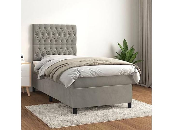 RJPLMFV Lattenrost, Matratze, Hellgrau, 100 x 200 cm, Velours Verstellbarer Kopfteil, Taschenfedern, mittelharte Unterstützung, weicher Matratzenschoner