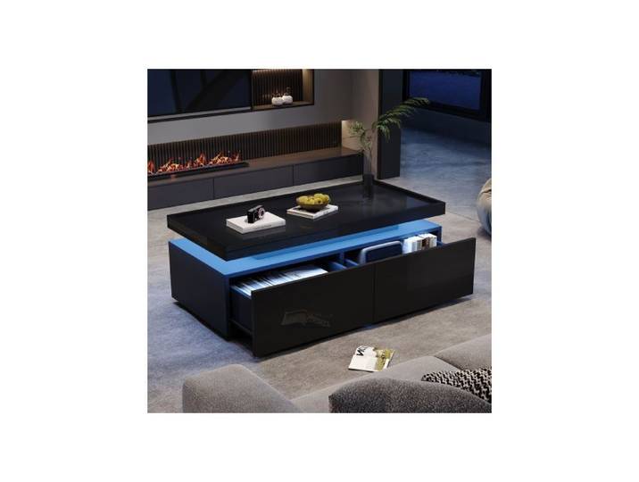 Table basse brillance avec LED Table basse à 2 tiroirs minimaliste moderne Table D'appoint Design géométrique Noir 95x45x35cm