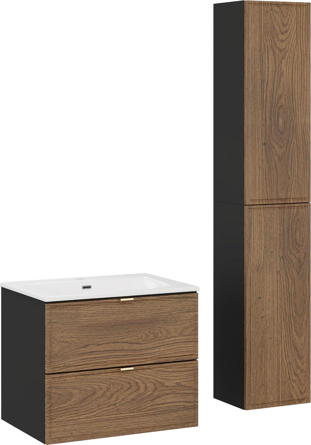 Badezimmerschrank 60 Cm Mit Waschbecken Und Sockel Eiche Casella Schwarz
