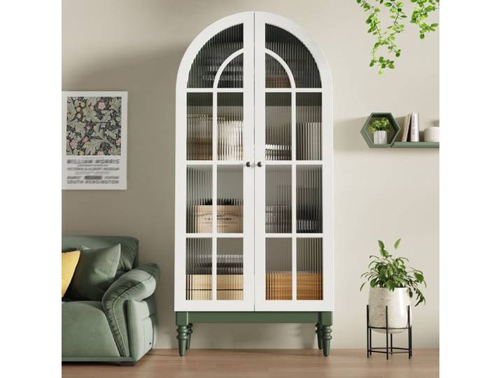 Vitrine Arquée Vert Et Blanc Vitrine Double Porte FloraGrace Pour Salon Et Salle À Manger Montage 2H 76x38.5x165cm
